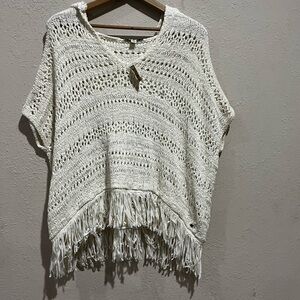 American Eagle Cream Colored Open Knit Poncho With Fringe